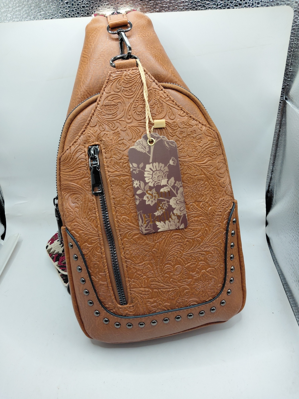 Sam & Hadley Cognac Floral Embossed Studded Crossbody Zip Adjustable Strap